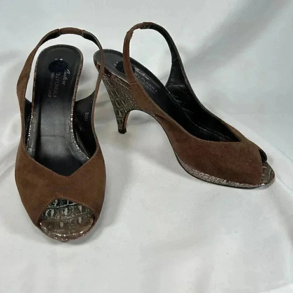 Donald J Pliner Zozo Size 8.5 Brown Suede Slingback Wedge Metallic Croc Heels - Picture 1 of 16